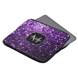 Dark Purple faux shiny glitter sparkles Monogram Laptop Sleeve