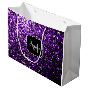 Dark Purple faux shiny glitter sparkles Monogram Large Gift Bag
