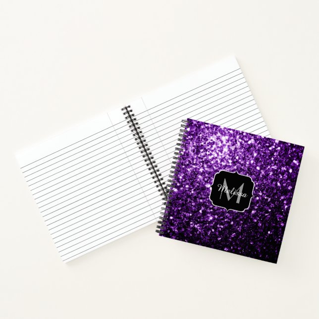 Dark Purple faux shiny glitter sparkles Monogram Notebook (Inside)
