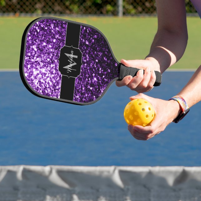 Dark Purple faux shiny glitter sparkles Monogram Pickleball Paddle (Insitu)