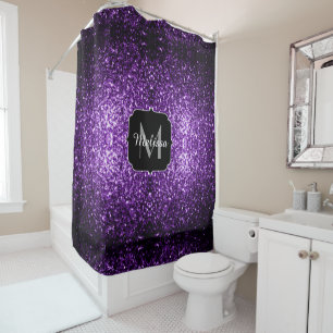 Dark Purple faux shiny glitter sparkles Monogram Shower Curtain