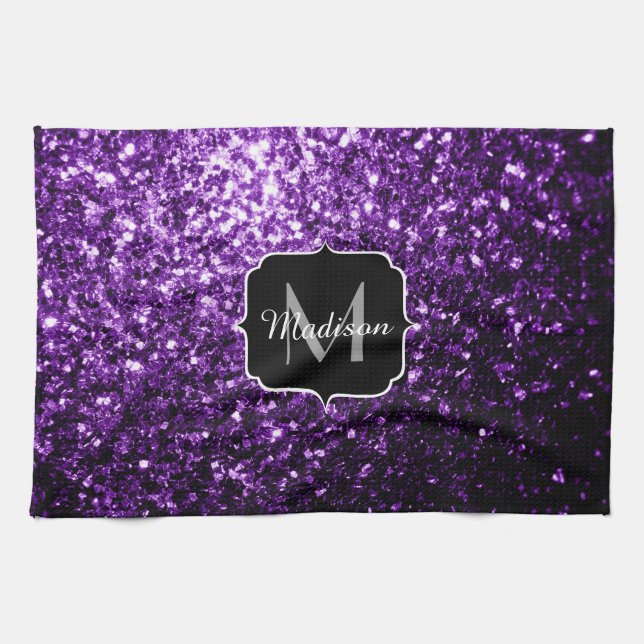 Dark Purple faux shiny glitter sparkles Monogram Tea Towel (Horizontal)