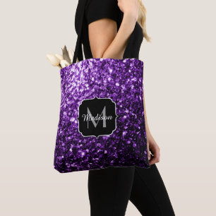 Dark Purple faux shiny glitter sparkles Monogram Tote Bag