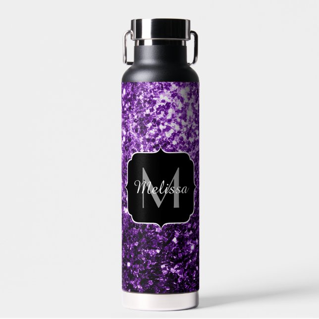 Dark purple faux shiny glitter sparkles Monogram Water Bottle (Front)