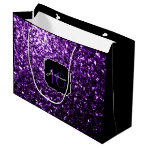Dark Purple faux shiny glitter sparkles Sweet 16 Large Gift Bag