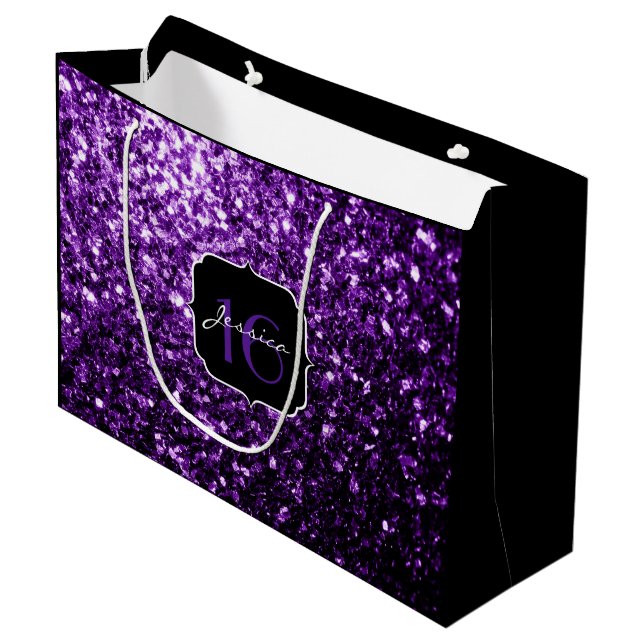 Dark Purple faux shiny glitter sparkles Sweet 16 Large Gift Bag (Front Angled)