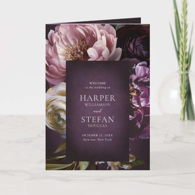 Dark Purple Fine Art Floral Elegant Wedding Programme (Front)