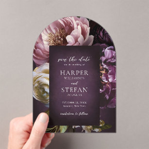 Dark Purple Fine Art Floral Wedding Save the Date Acrylic Invitations
