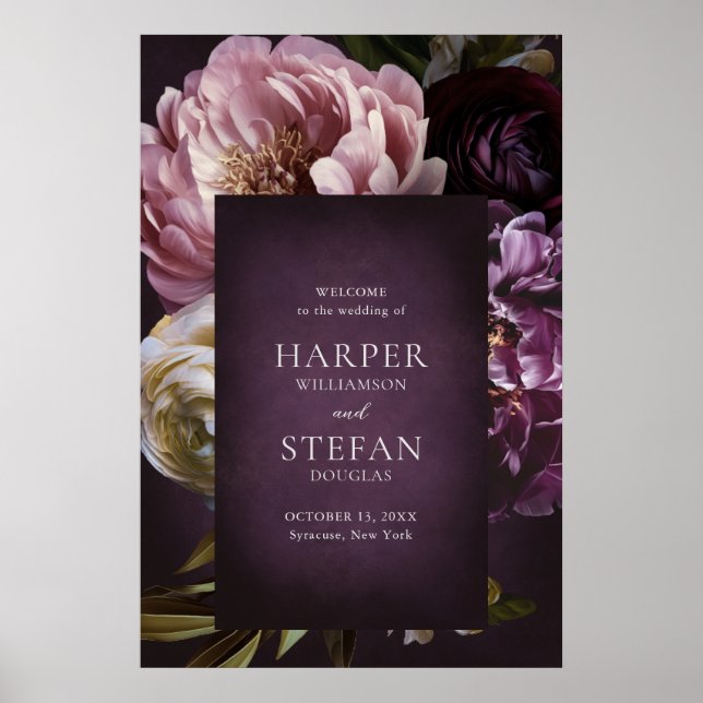 Dark Purple Fine Art Floral Wedding Wecome Sign (Front)