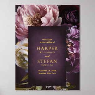 Dark Purple Fine Art Floral Wedding Wecome Sign