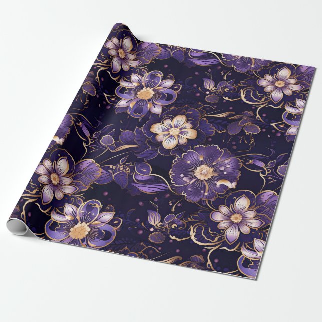 Dark Purple Floral and Faux Gold Wrapping Paper (Unrolled)
