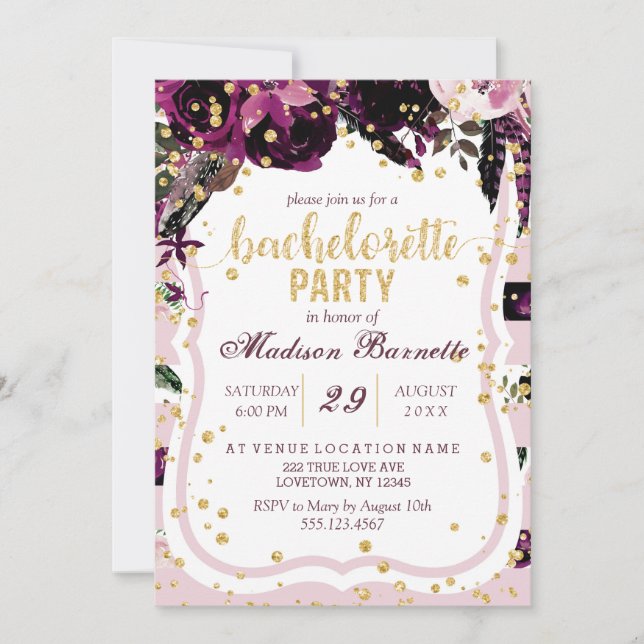 Dark Purple Floral Bachelorette Party Invitation (Front)
