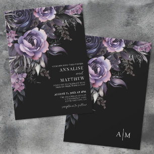 Dark Purple Floral Black Wedding Invitation