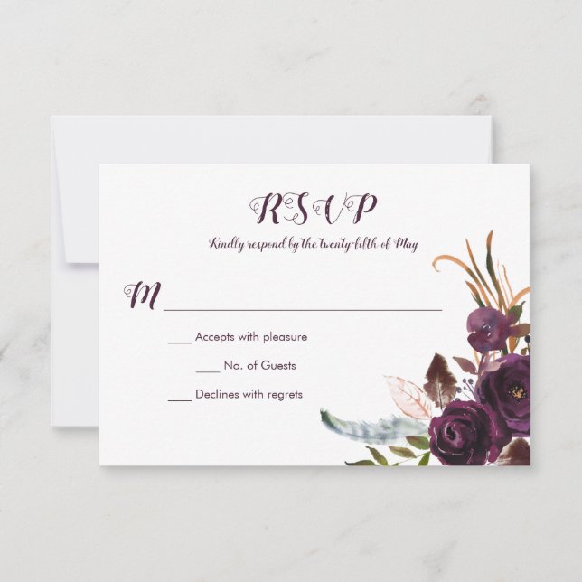 Dark Purple Floral Boho Fall Wedding RSVP Card (Front)