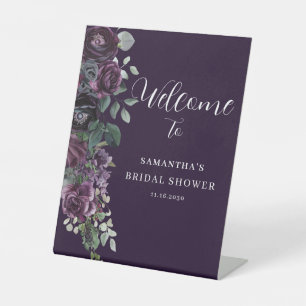 Dark Purple Floral Bridal Shower Welcome Pedestal Sign