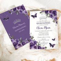 Dark Purple Floral Butterflies Silver Quinceañera