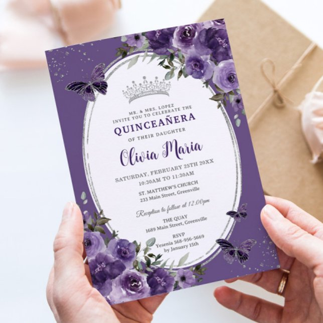 Dark Purple Floral Butterflies Silver Quinceañera Invitation (Creator Uploaded)