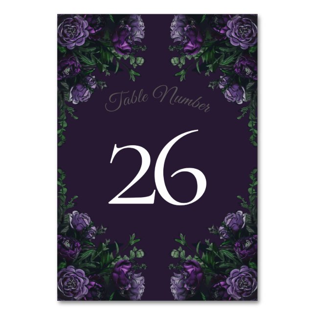 Dark Purple Floral Elegant Wedding Gothic Table Number (Back)