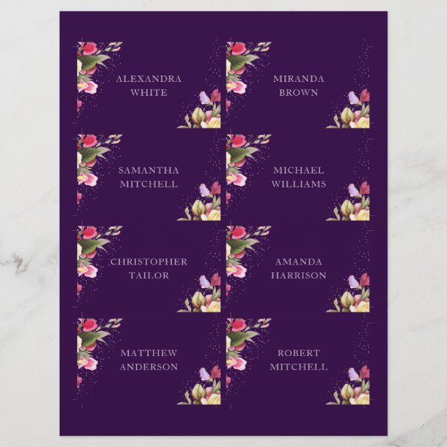 Dark Purple Floral Elegant Wedding Name Place Card (Front)
