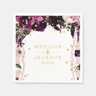 Dark Purple Floral Gold Confetti Monogram Wedding Napkin
