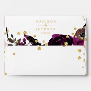Dark Purple Floral Gold Confetti Wedding Monogram Envelope