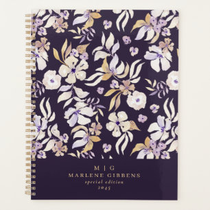 Dark purple floral gold monogram  planner