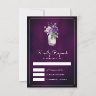 Dark Purple Floral Mason Jar Moody Wedding RSVP Card