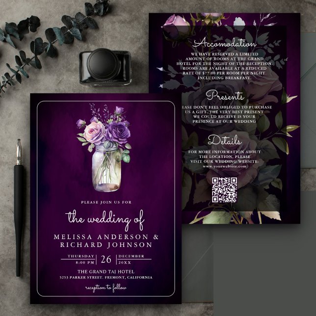 Dark Purple Floral Mason Jar QR Code Moody Wedding Invitation (Creator Uploaded)