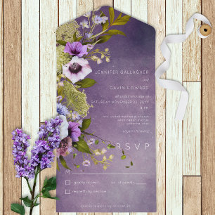 Dark Purple Floral Modern All in One Invitation