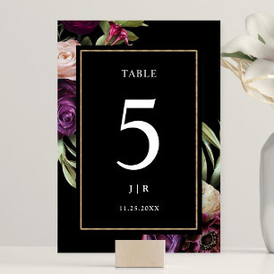 Dark Purple Floral Moody Wedding Table Number