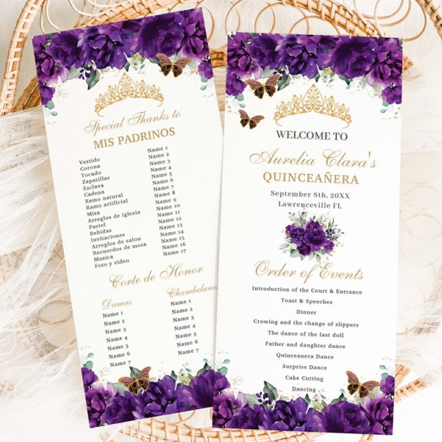 Dark Purple Floral Quinceañera Order of Events Programme (Creator Uploaded)