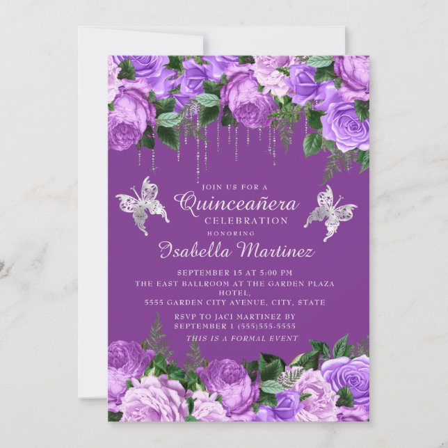Dark Purple Floral Silver Butterflies Quinceañera  Invitation (Front)