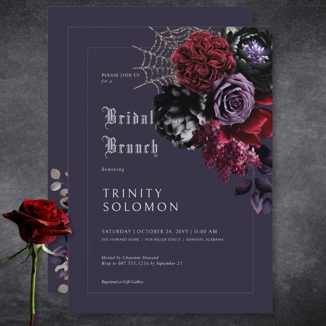 Dark Purple Floral & Silver Web Bridal Brunch Invitation (Dark Purple Floral & Silver Web Bridal Brunch Invitation)
