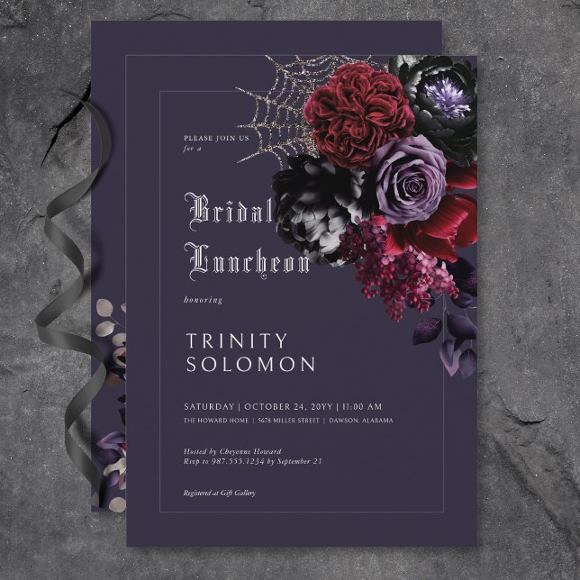 Dark Purple Floral & Silver Web Bridal Luncheon Invitation (Dark Purple Floral & Silver Web Bridal Luncheon Invitation)