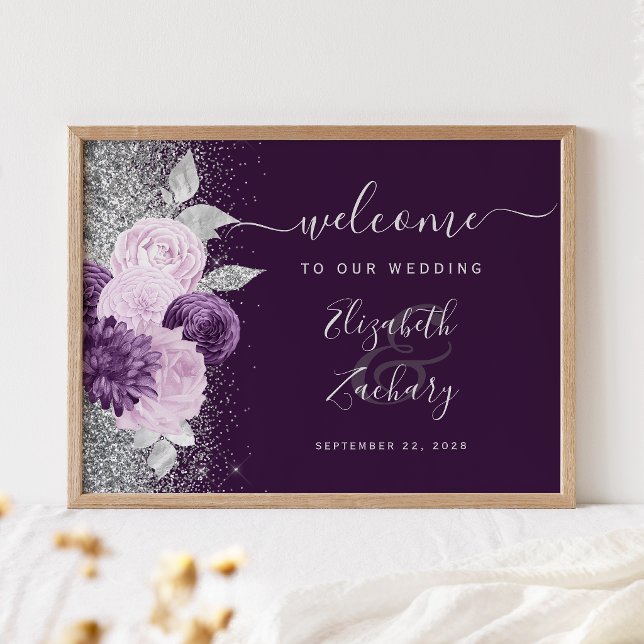 Dark Purple Floral Silver Wedding Welcome Poster (Creator Uploaded)