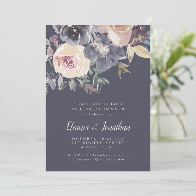 Dark Purple Floral Watercolor Rehearsal Dinner Invitation (Standing Front)