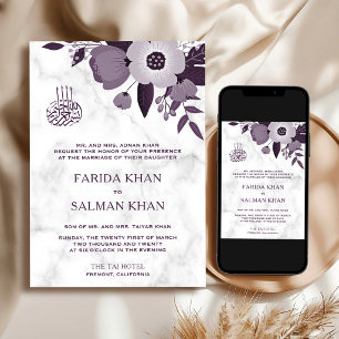 Dark Purple Floral White Marble Islamic Wedding Invitation
