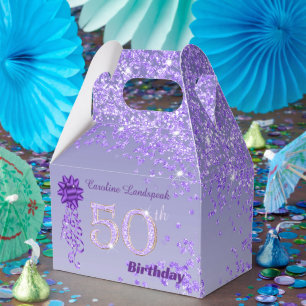 Dark Purple Glitter & Ribbon 50th Birthday Favour Box