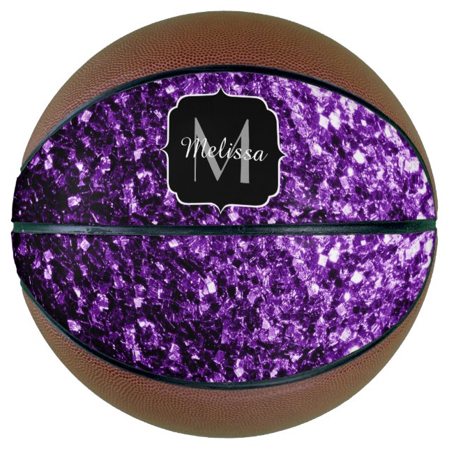 Dark purple glitter sparkle bling Monogram name Basketball (Front)