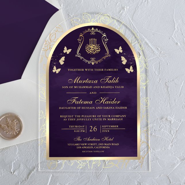 Dark Purple Gold Butterfly Arch Muslim Wedding Acrylic Invitations (Creator Uploaded)