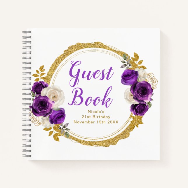 Dark Purple Gold Elegant Flowers Birthday Party Notebook (Front)