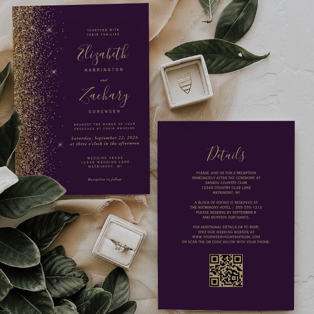 Dark Purple Gold Faux Glitter QR Code Wedding Invitation (Creator Uploaded)