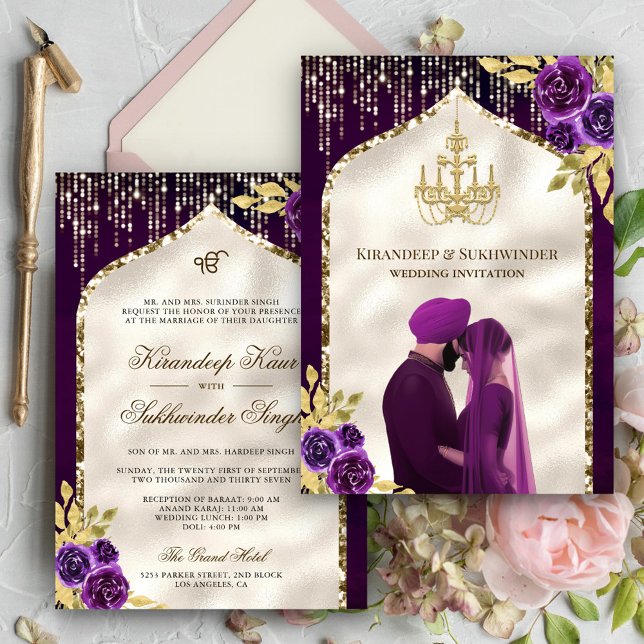 Dark Purple Gold Floral Anand Karaj Sikh Wedding Invitation (Creator Uploaded)