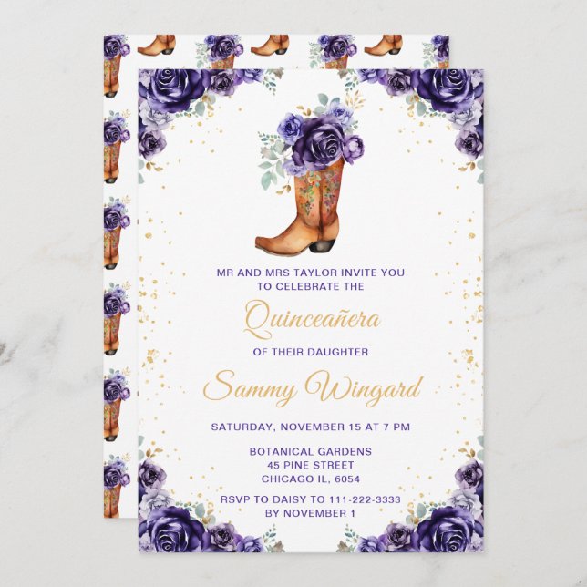 Dark Purple Gold Floral Cowboy Boot Quinceañera Invitation (Front/Back)