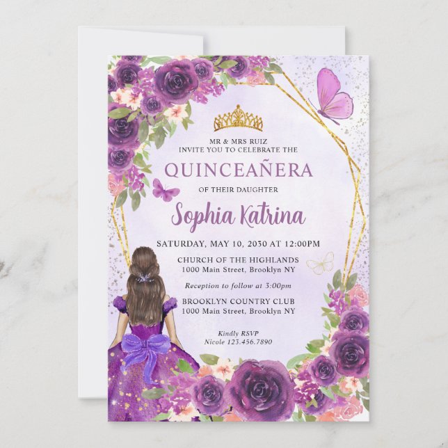 Dark Purple Gold Floral Princess Quinceañera Invitation (Front)