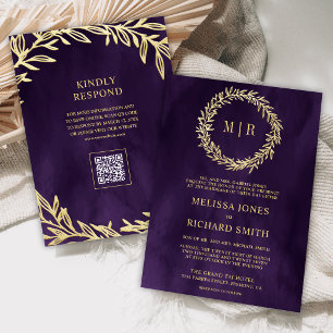 Dark Purple Gold Leaf Branch QR Code Wedding Invitation