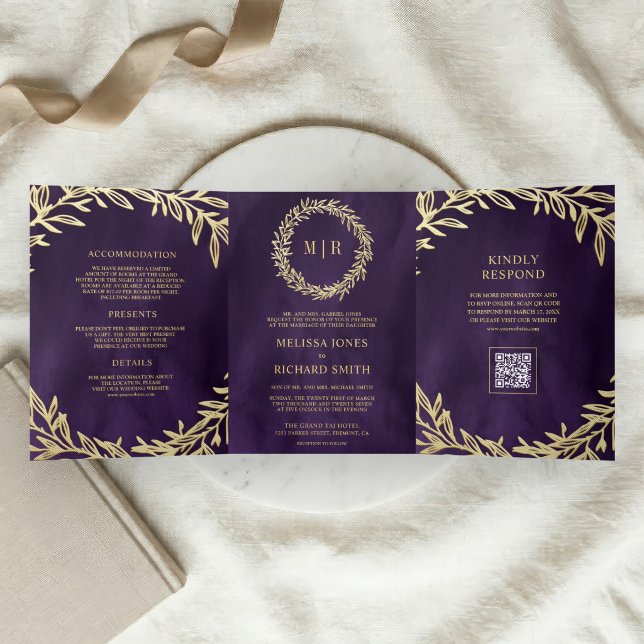 Dark Purple Gold Leaf Branch QR Code Wedding Tri-Fold Invitation (Creator Uploaded)