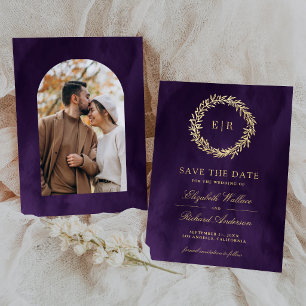 Dark Purple Gold Leaf Branch Wedding Photo Save The Date