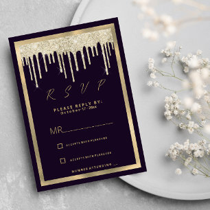 Dark purple gold luxury glitter drips RSVP Invitation