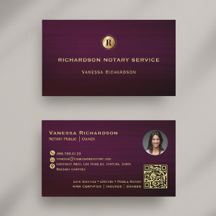 Dark Purple & Gold Monogram Sleek Notary QR Photo  Business Card